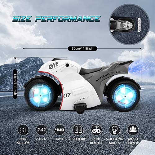 RC Motorcycle Toys, Kids Remote Control Motorcycle Double Sided Flips 360°Rotating Stunt Car for Boys, Gift for Kids/Brithday Gift (White) - Thumbnail 7