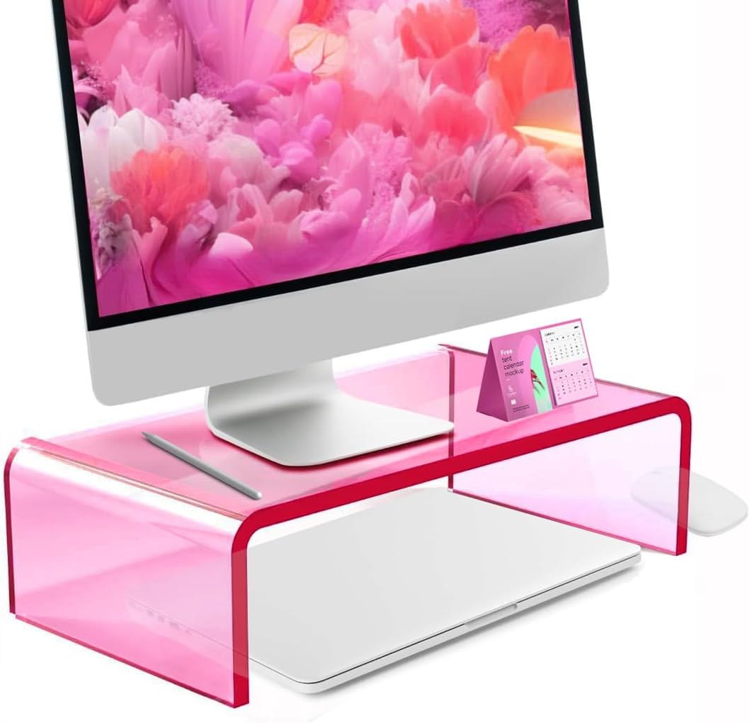 Ergonomic Acrylic Monitor Stand with Storage - Bright Pink Desktop Organizer for Back Pain Relief & Space Saving, Stylish & Modern Desktop Organizer(Home/Office Use)
