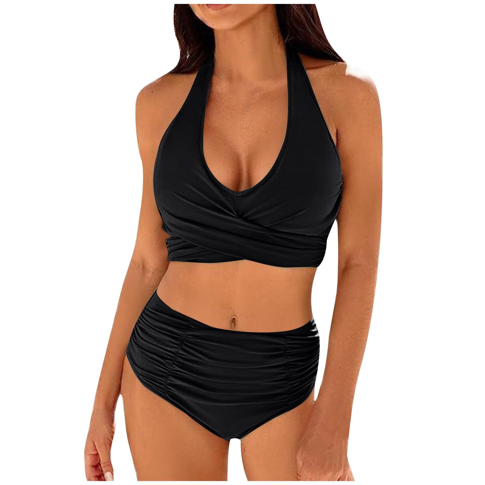 High Waisted Bikini Sets for Women Tummy Control Swimsuit Halter Tie Back Crisscross Ruched Sexy 2 Piece Bathing