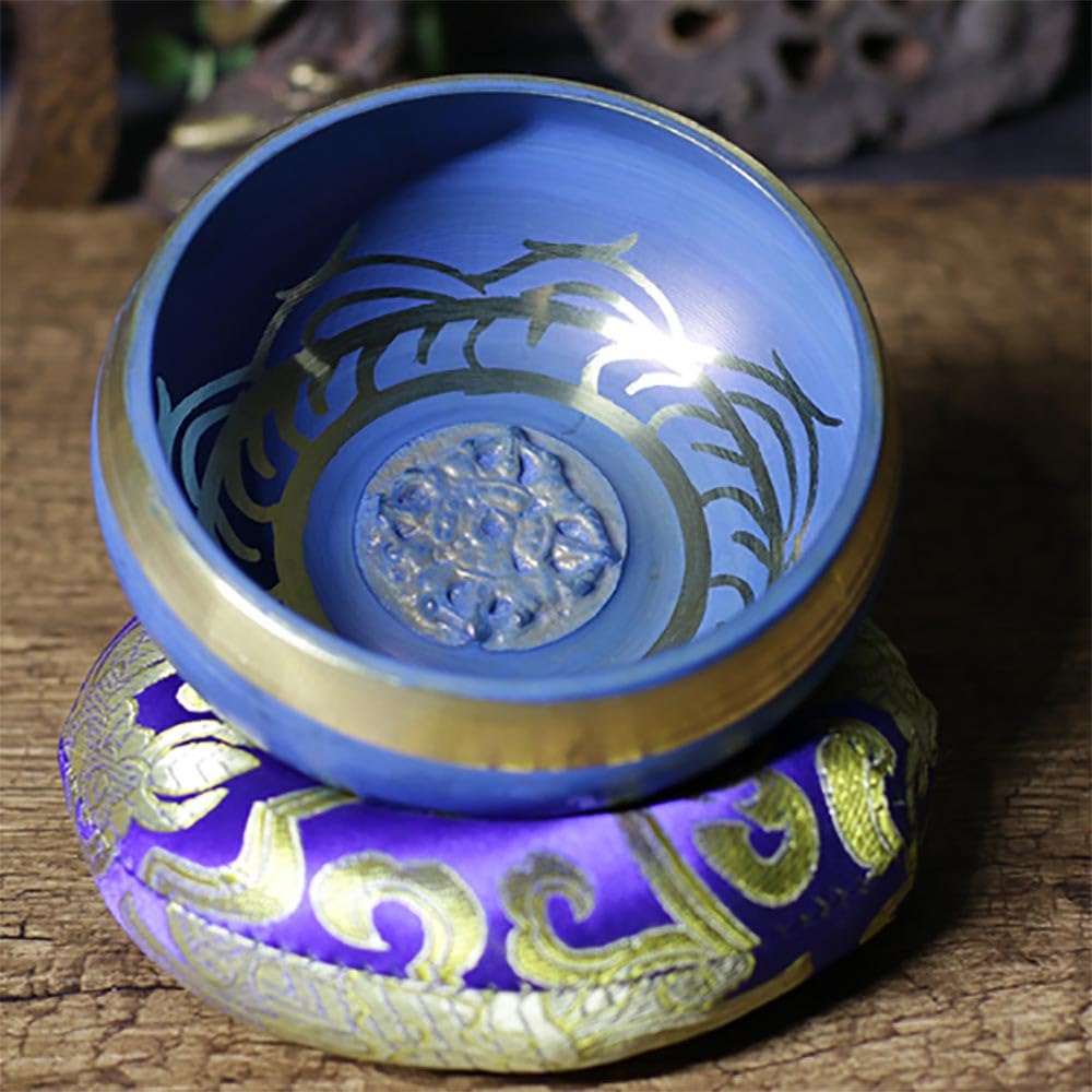 Set di campane tibetane fatte a mano, per meditazione con martello e cuscino, campana sonora buddista blu per relax e meditazione