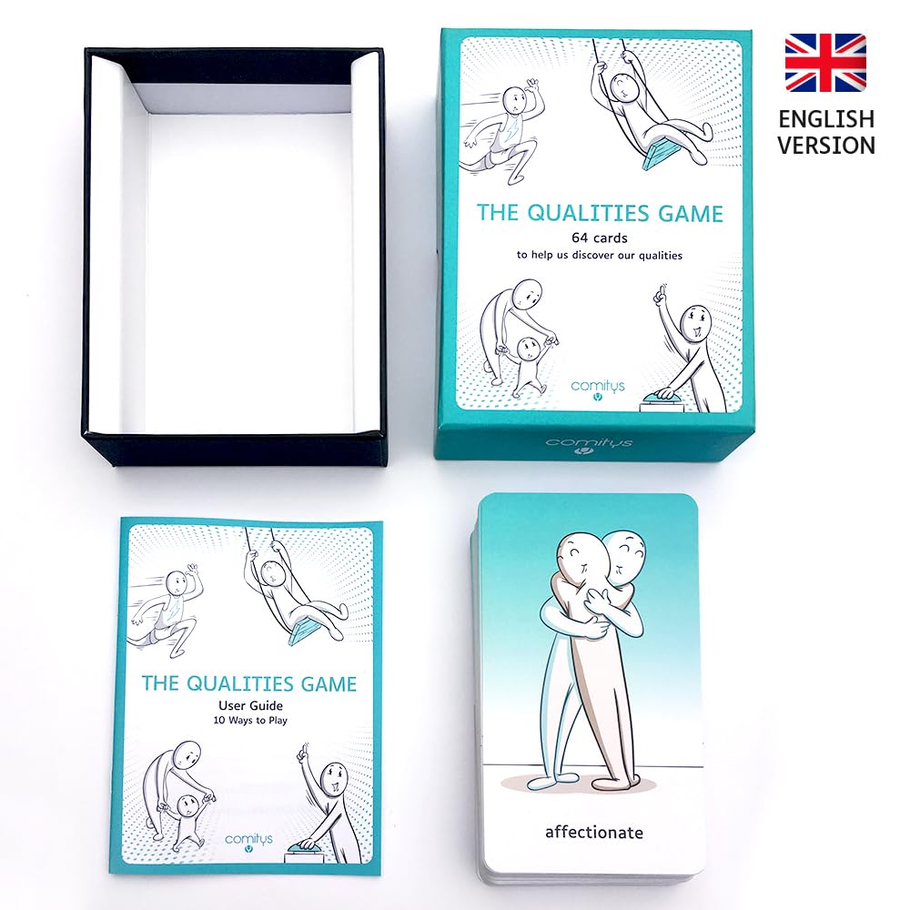Comitys | The Qualities Game | Lingua: Inglese | 64 flashcard and 256 Qualities | Non-Violent Communication Teaching Tool | Build Self-Esteem