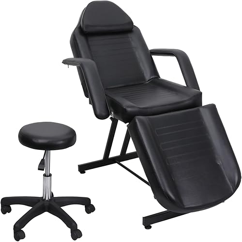 Cama de belleza con tatuaje, cama de masaje facial para salón de spa con taburete hidráulico (negro)