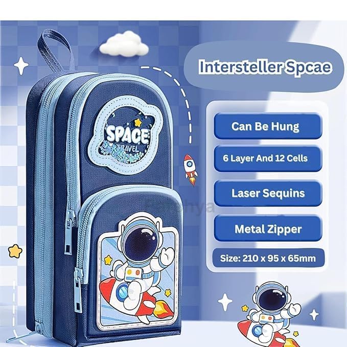 Image of WORSHIPER Kawaii Cute Pencil Pouch with Push Pull Eraser Set for Kids | Premium Canvas Zipper Stationery Organizer Box with Cartoon Design | Gift Combo for Boys & Girls (Space Blue + Earser)