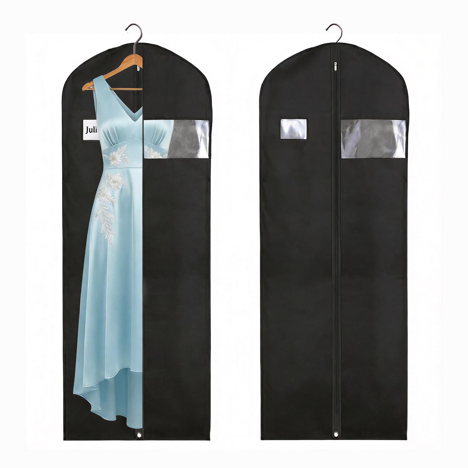 72-Inch Long Dress & Gown Garment Cover Bags with Zipper & Viewing Window | Breathable, Washable, Dustproof Storage for Dresses, Gowns & Coats | 3-Pack, Black
