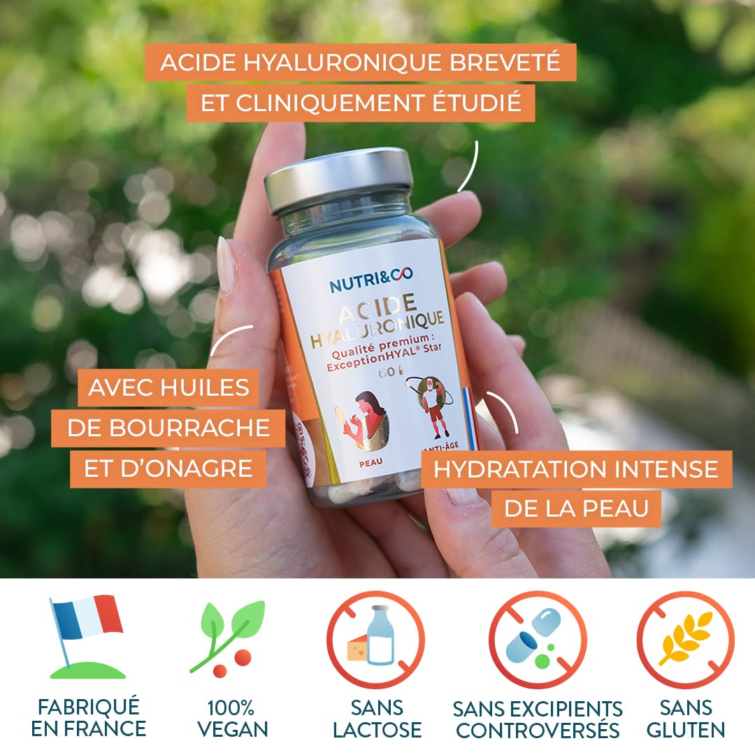 NUTRI & CO Acide Hyaluronique - Formule Anti-Age & Anti-Rides Efficace - Hydrate en Profondeur - Hydratation et Élasticité de la Peau - 60 gélules Vegan Made in France