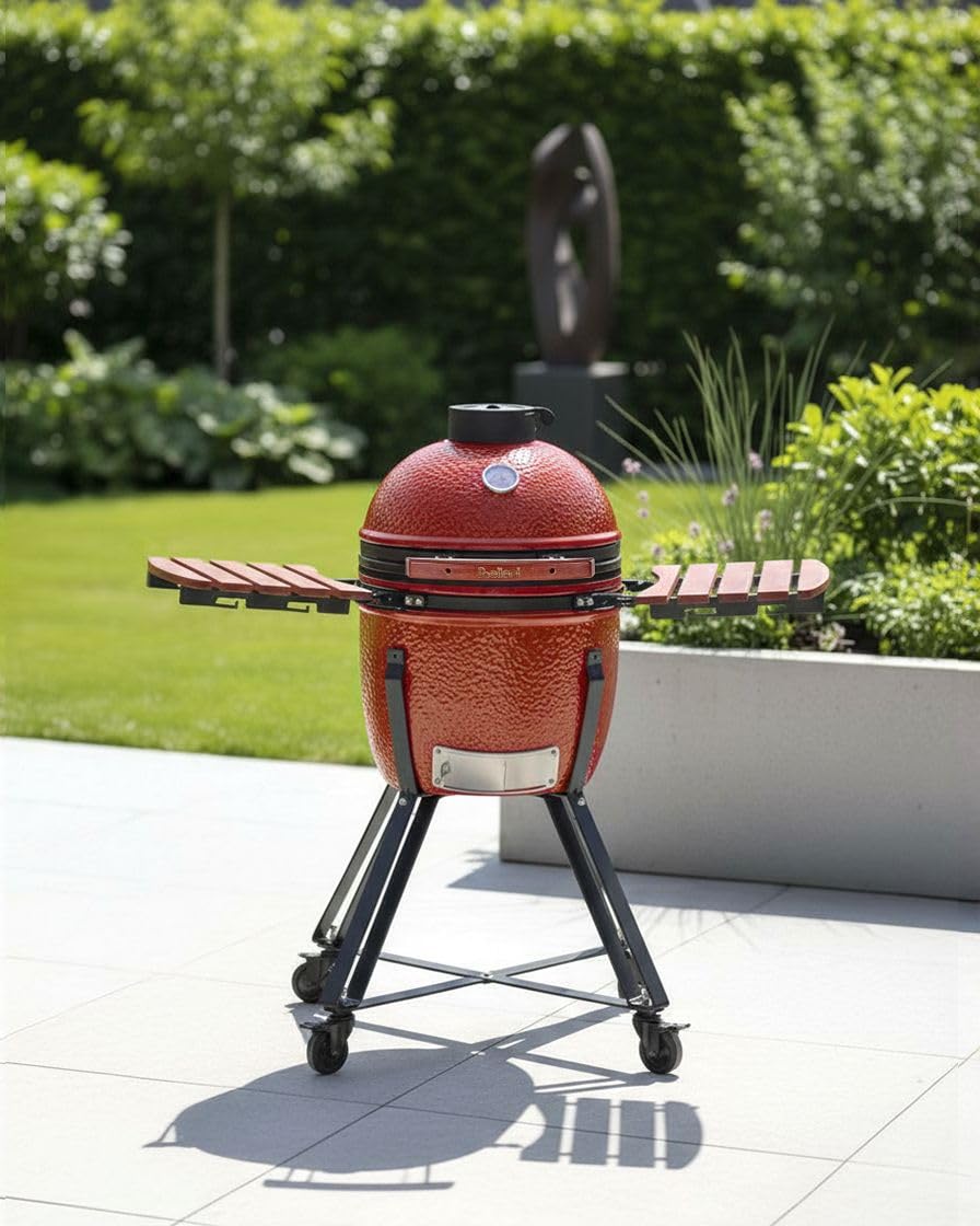 Ogrodowy grill węglowy ceramiczny na kółkach z pokrywą termometerem rusztem czerwonyKamado