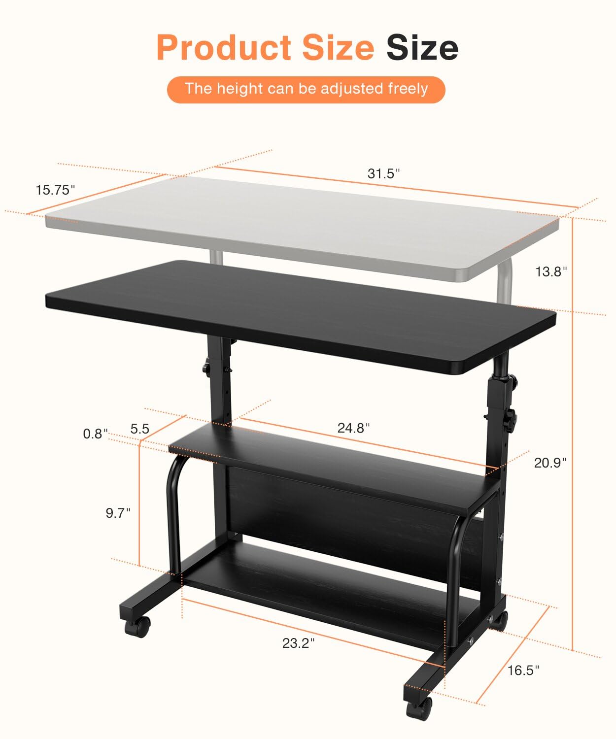 Escritorio portátil con ruedas de altura ajustable para espacios pequeños, escritorio de computadora de 32 pulgadas con estantes de almacenamiento para oficina en casa, color negro 3