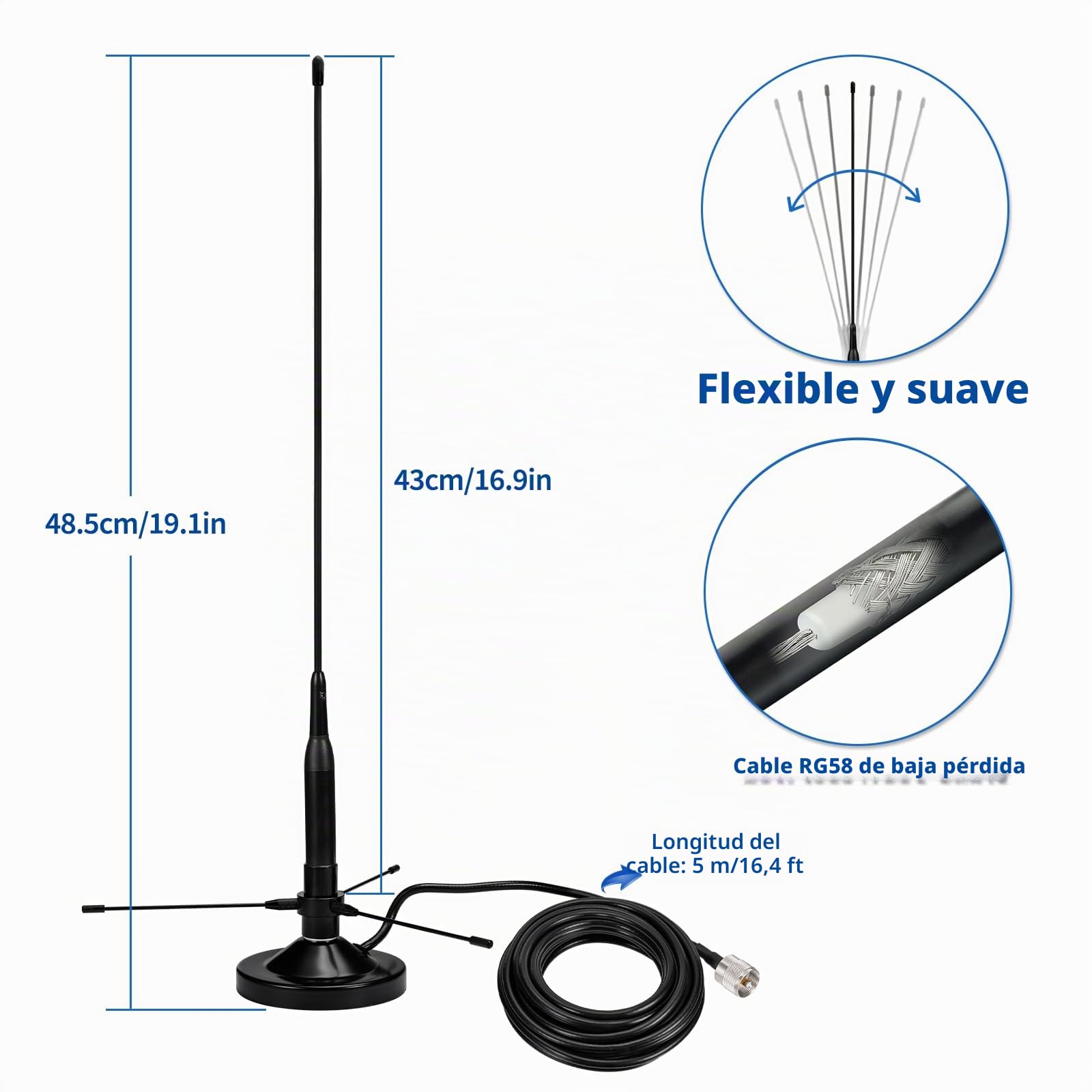Bingfu Antena de Radioaficionado Doble Banda VHF UHF 136-174MHz 400-460MHz PL259 Macho Antena de Radio Amateur con Kit de Plano de Tierra Base Magnética para Radioaficionado Móvil Radio Bidireccional | Banda dual 136-174 MHz / 400-460 MHz para radios móvi