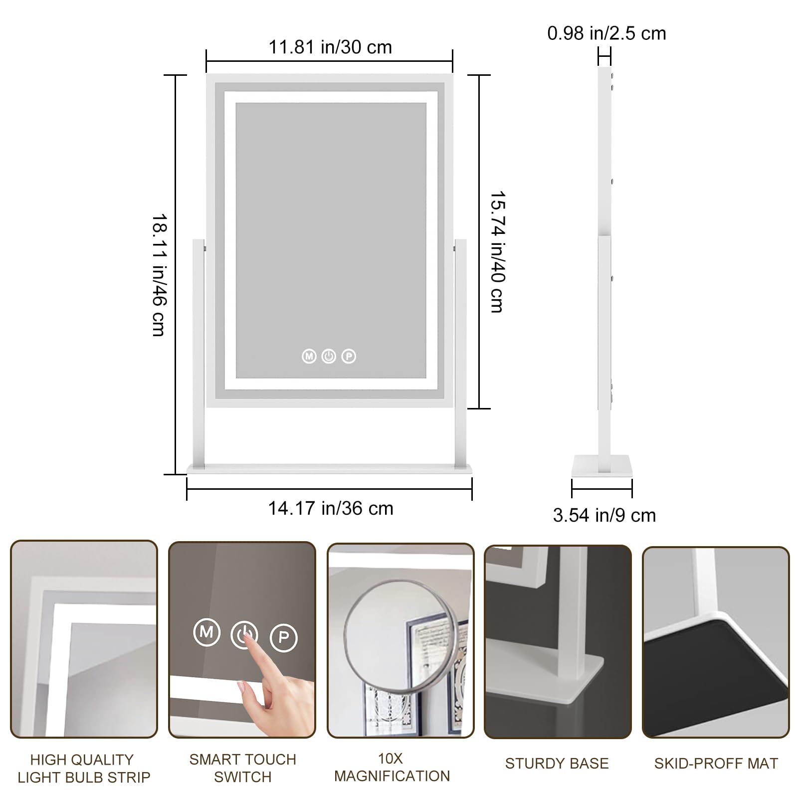 Makeup Mirror with Lighting, Hollywood-Spiegel, 3 Farbtemperaturen, einstellbare Beleuchtung, 360° drehbar, Smart-Touch-Bedienung, Abnehmbarer 10-Fach Vergrößerungsspiegel, 30 x 40 cm