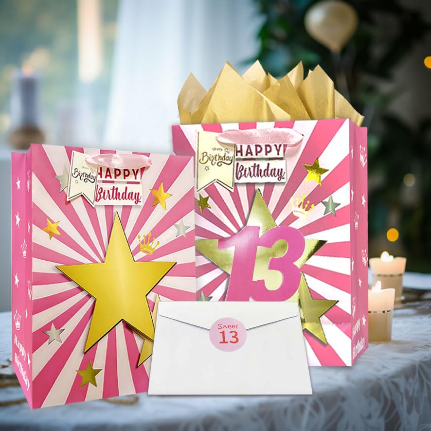 Happy Birthday Gift Bag Set For Girls - 13 Large Bags With Tissue Paper & Cards