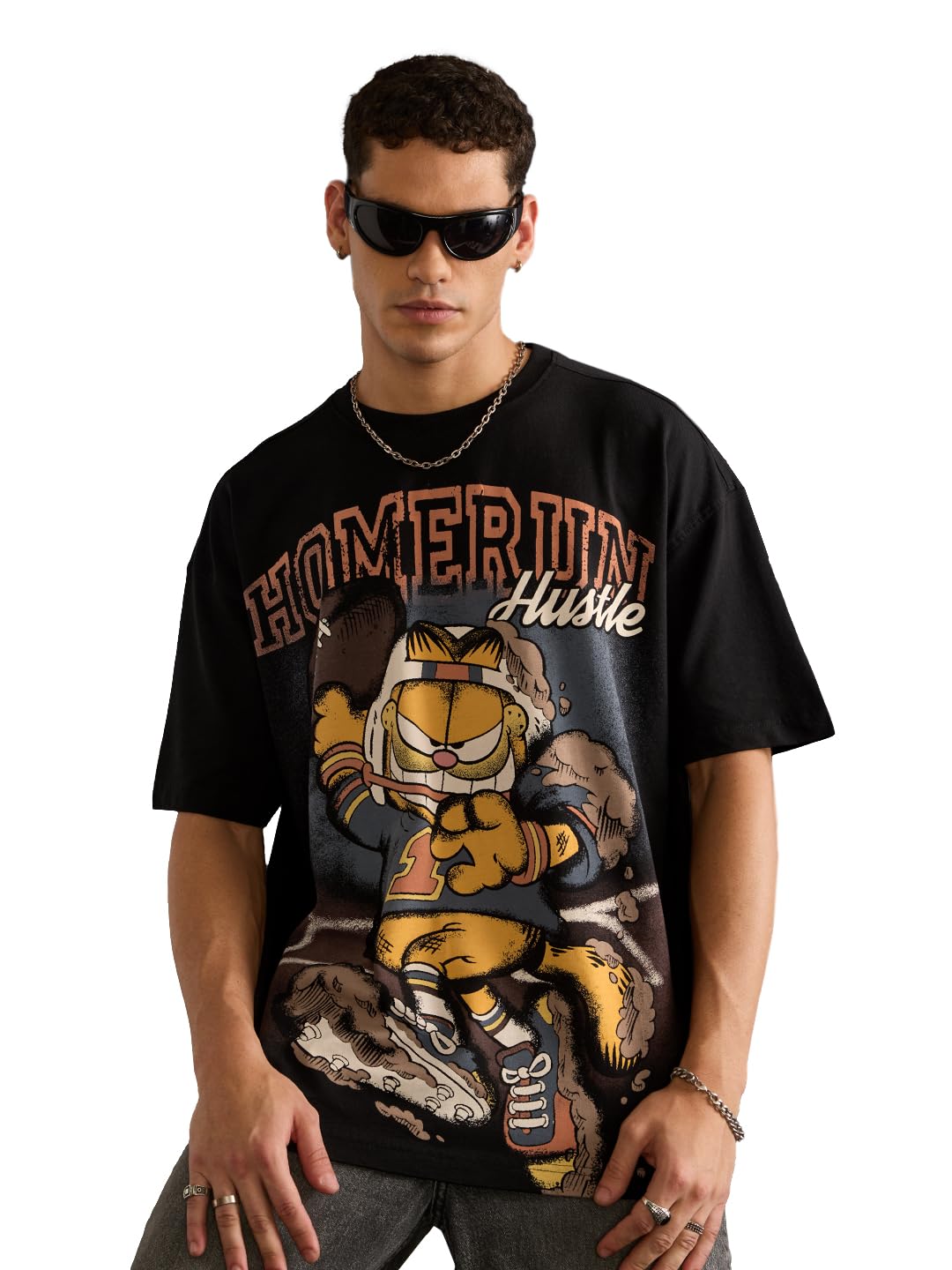 the souled store Garfield: Homerun Men and Boys Short Sleeves Round Neck Black Graphic Printed Heavy Gauge Fabric Cotton Oversized T-Shirt-picture-24