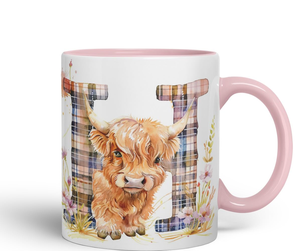 Vixar Highland Cow Alphabet Monogram Coloured Ceramic Cup Mug – Letter H – Rustic Farmhouse Animal Letter Gift – 11oz (Pink)