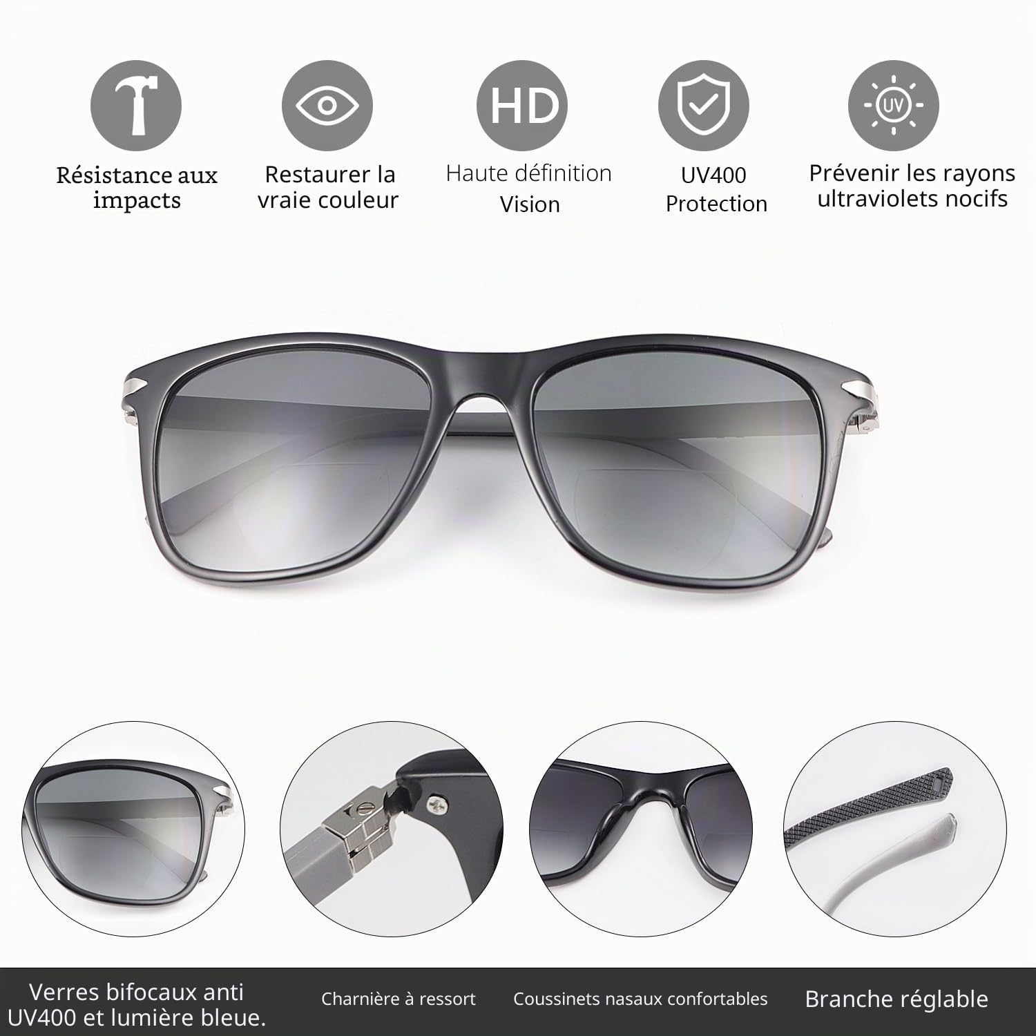 Lunettes de lecture bifocales polarisées avec charnière à ressort - Lunettes de soleil pour homme et femme - Lunettes de soleil classiques bifocales - Protection UV400 - Lunettes de soleil