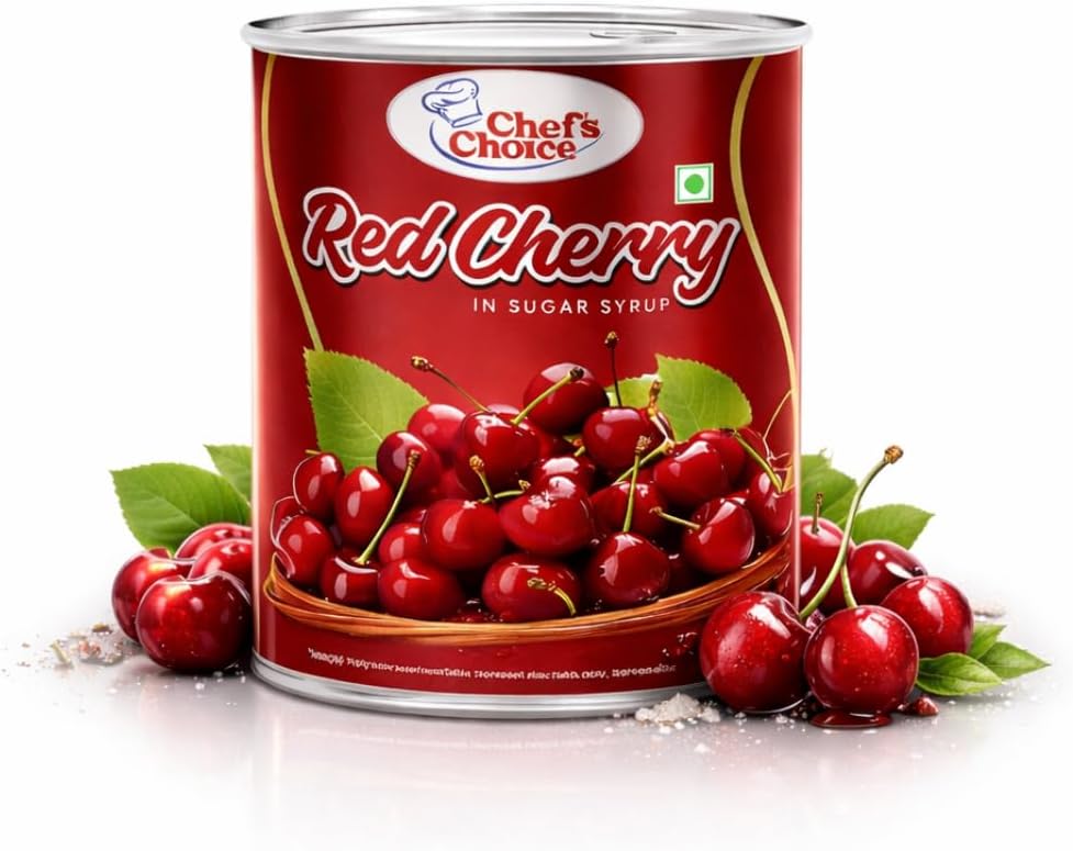 - Chefs Choice red cherry in sugar syrup 850g premium sweet glace fruit ready to use for cake decoration ice cream desserts vegetarian tin pack rich color taste enhances baking treats now