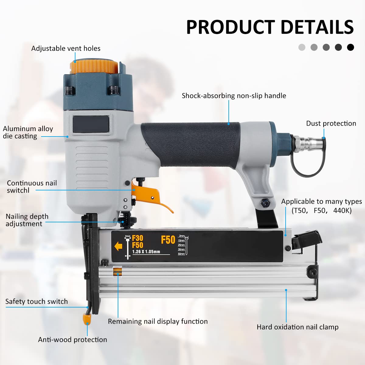 Kandishiex US Air Nailer Carpenter Pneumatic Nail Tool T50 F50 440K 16Ga/18Ga Air Brads Nailer Nail Depth Adjustment Ergonomic and Lightweight Air Nailer for Woodworking Fence Floor Furniture