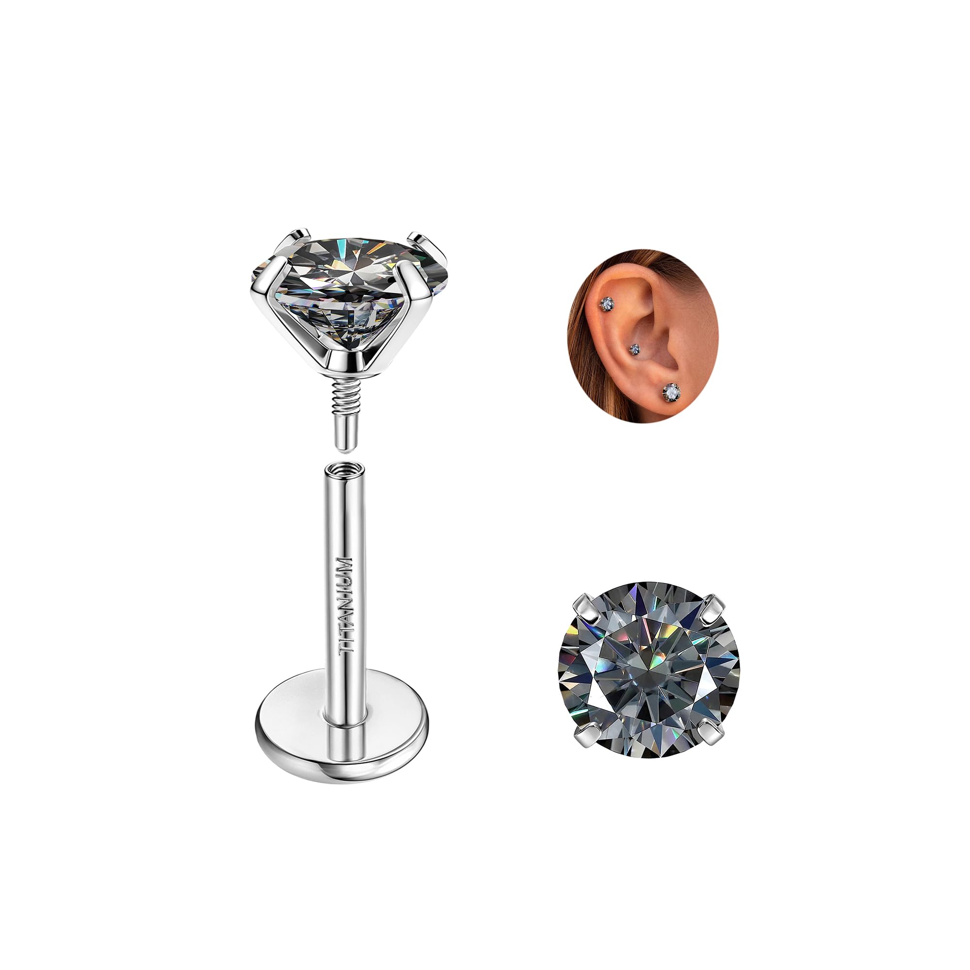 GEMQUEEN Moissanite Earrings G23 Titanium Extended Internal Thread Flat Back Earrings Hypoallergenic Tragus Cartilage Helix Conch Piercing Jewelry for