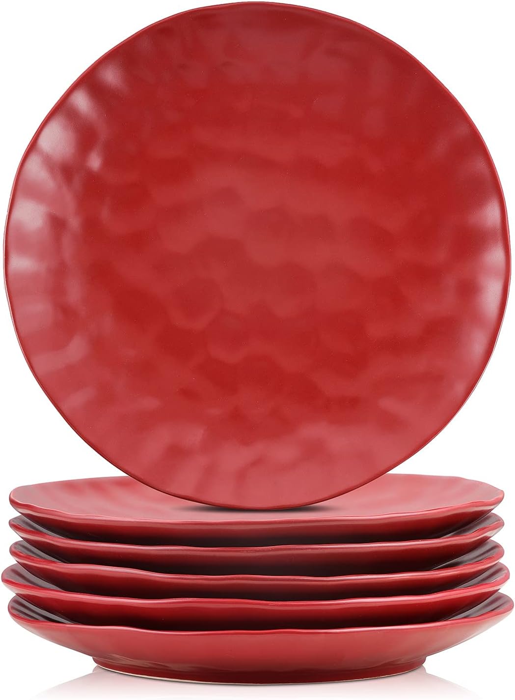vicrays Ceramic Dinner Plates Set, 10.5 Inch, Set of 6, Round, Microwave, Oven, Dishwasher Safe, Scratch Resistant, Porcelain Fluted Suitable for Steak, Pasta, Pizza, Home, Party, Restaurant (Red)