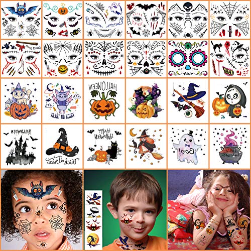 DreiWasser 32 Sheets Halloween Temporary Tattoos Sticker for Kids, 179 PCS Realistic Makeup Face Decor & Arms Tattoo Transfer Stickers for Halloween Costumes, Party Supplies, Cosplay Props