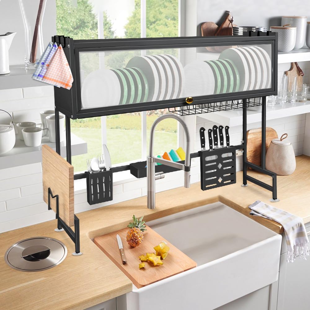 homewell - Escurridor para platos de cocina, escurreplatos con ganchos, soporte y utensilios para tabla de cortar, 75 cm de largo