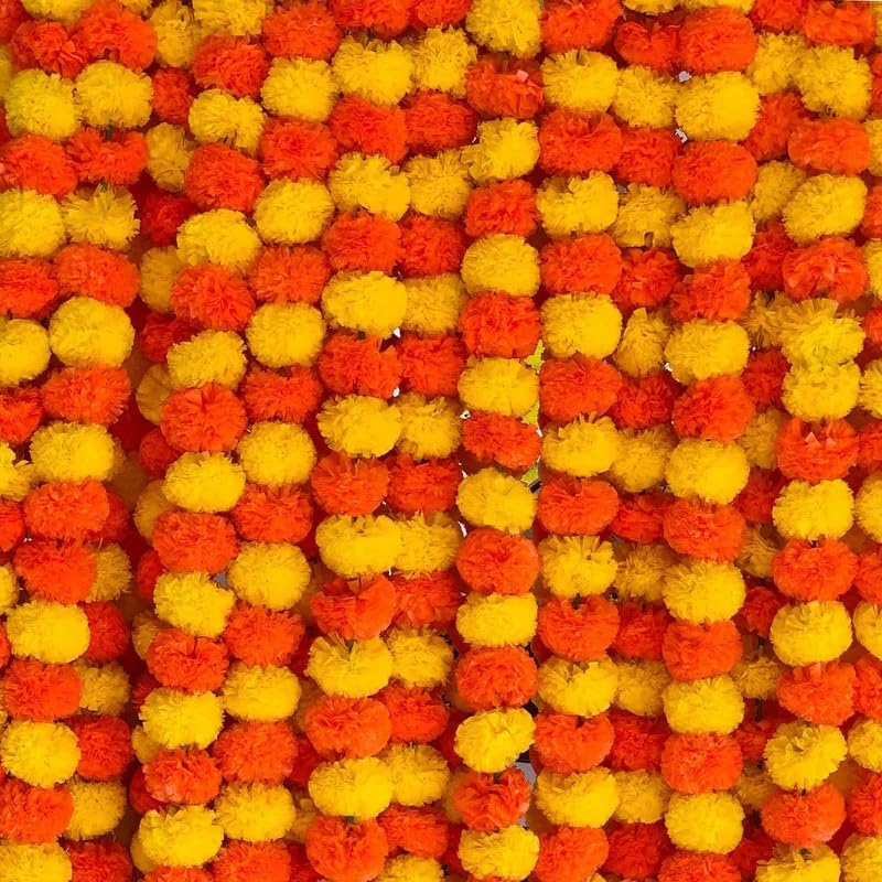 Image of Artificial Marigold Flower Garlands, (Pack of 50) 50 Inches Marigold Strings for Diwali, Pooja, Wedding, Festival, Housewarming, Mandir, Wall, Door, Home Decor - Yellow & Dark Orange