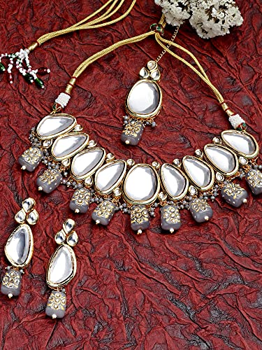 Karatcart Grey Tumble Studded Polki Kundan Choker Necklace Set For Women - Image 4