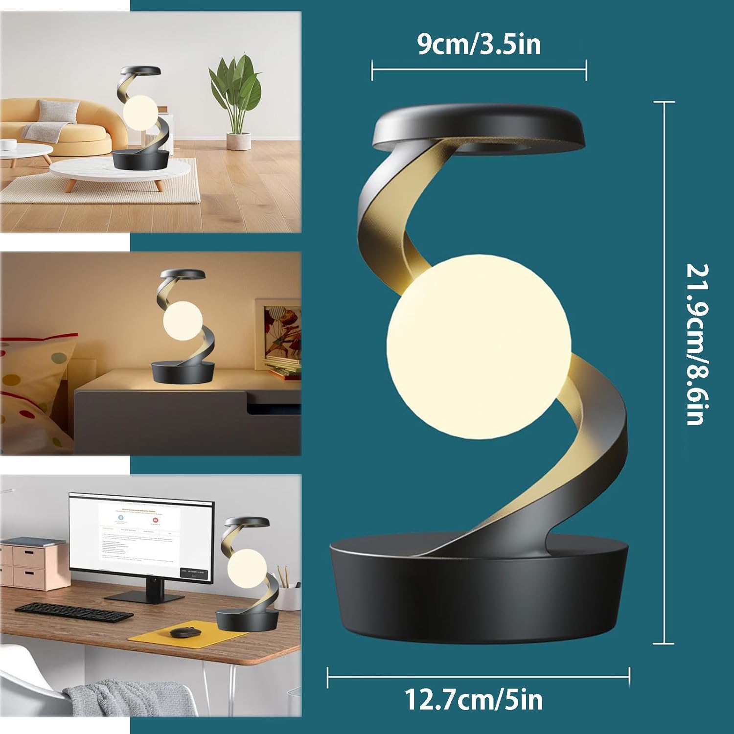 Lampada da Comodino LED Senza Fili con Sensore, Lampada da Tavolo a Spirale Ricaricabile con Caricatore Wireless, RGB Lampada a Levitazione Magnetica Rotante per Camera da Letto Salotto Ufficio,Nero