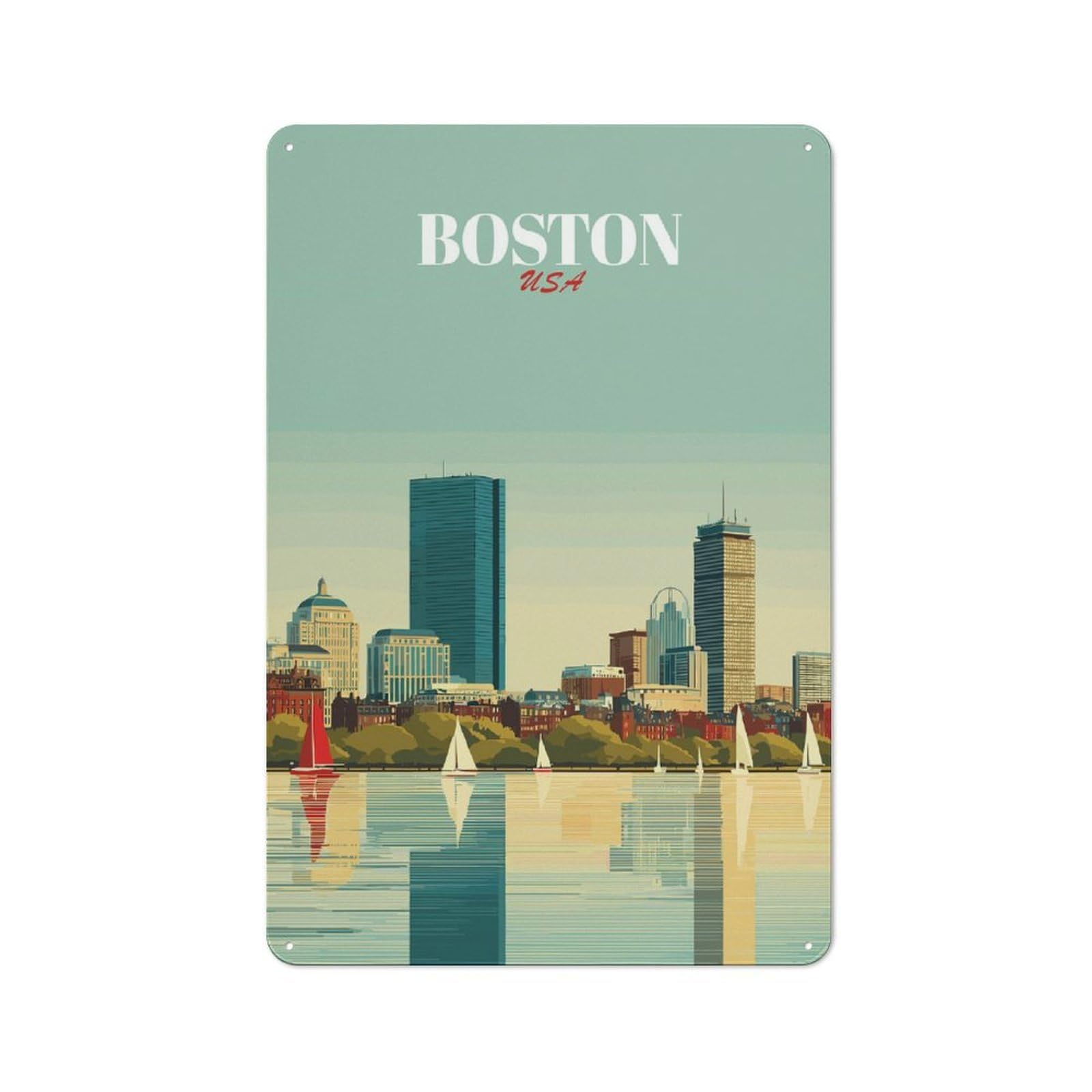 Junmoney Style-20 Shed Style Boston Usa Skyline Art Tin Sign 30X20cm, Utility Space Decor For Greenhouse, Garden Room, Cafe Or Entryway