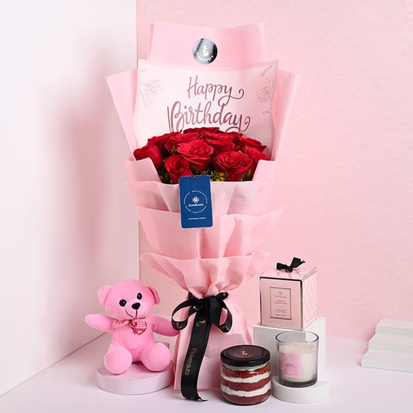 FlowerAura Premium Combo of Fresh Live 12 Red Roses Flower Bouquet With Delicious Jar Cake & Cute Teddy For Birthday | Anniversary | Valentine's Day | New Year | Christmas (Same Day Delivery)-image-7