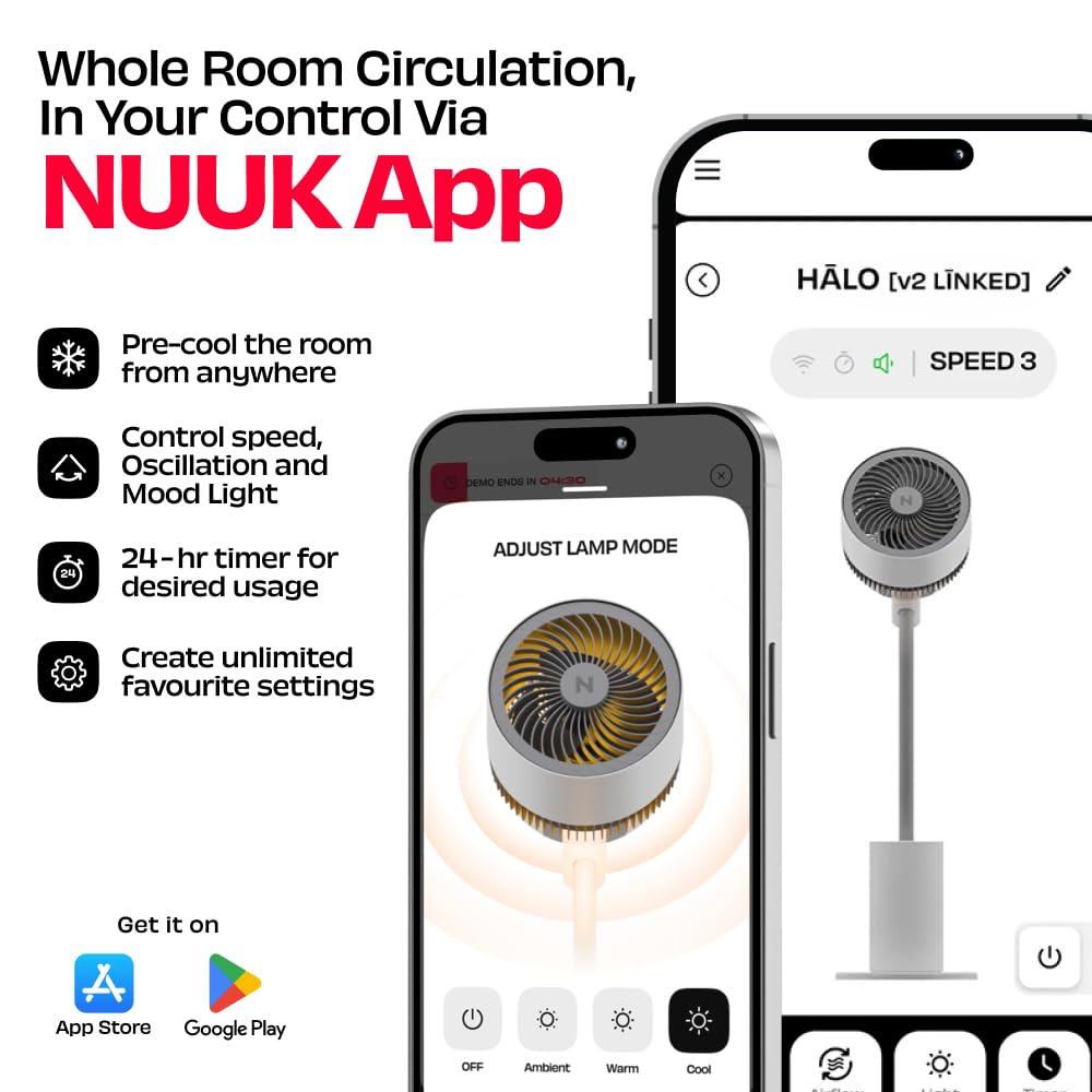 NUUK HALO v2 LINKD Smart 3D Air Circulator Fan | BLDC Motor | 12 Speed Modes | Horizontal + Vertical Oscillation | Mood Lamp | Remote + App Control | Ultra-silent High Speed Standing Fan for Home 1