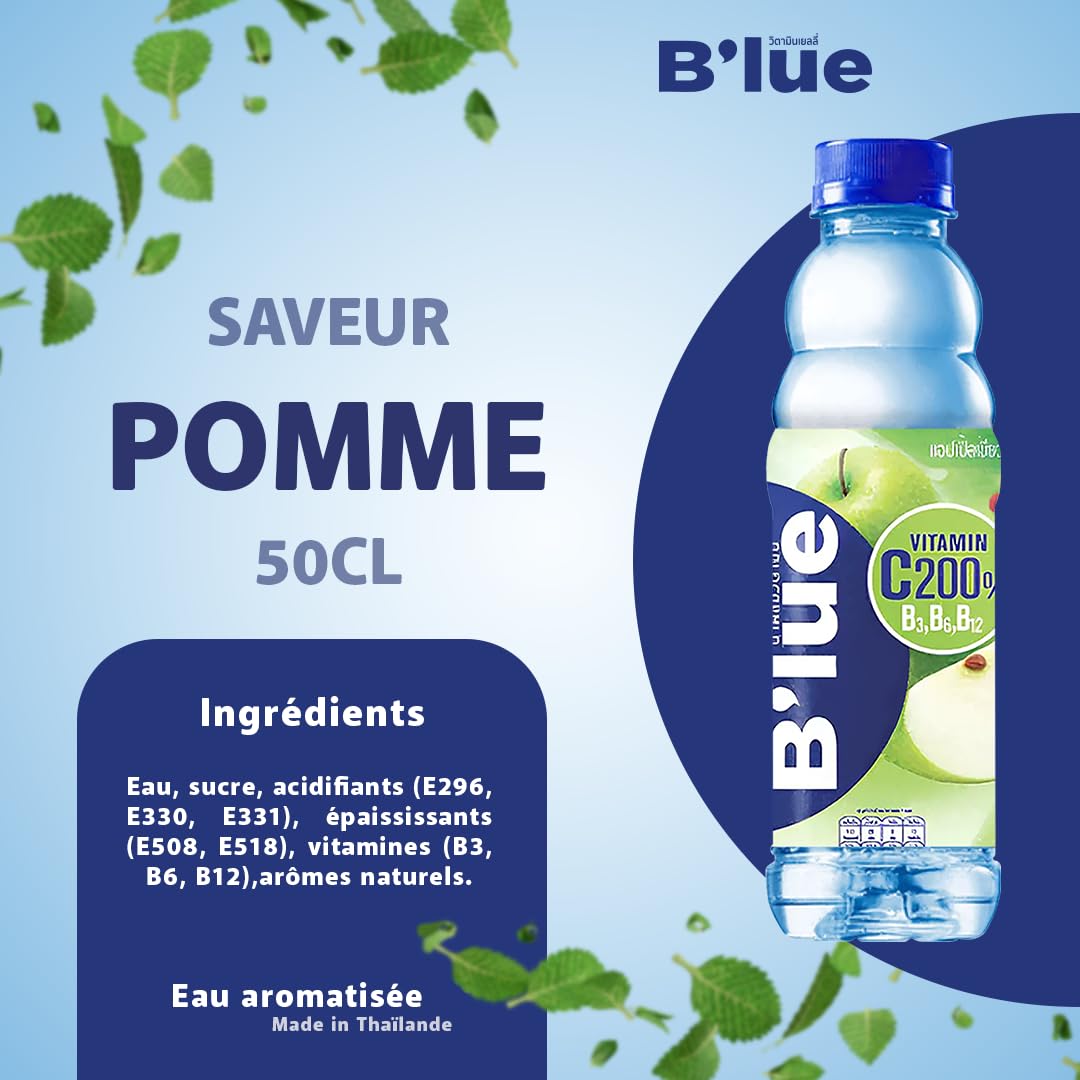 B'lue Eau Aromatisée Saveur Pomme avec Vitamine C200, B3, B6, B12, 50cl, Lot de 24