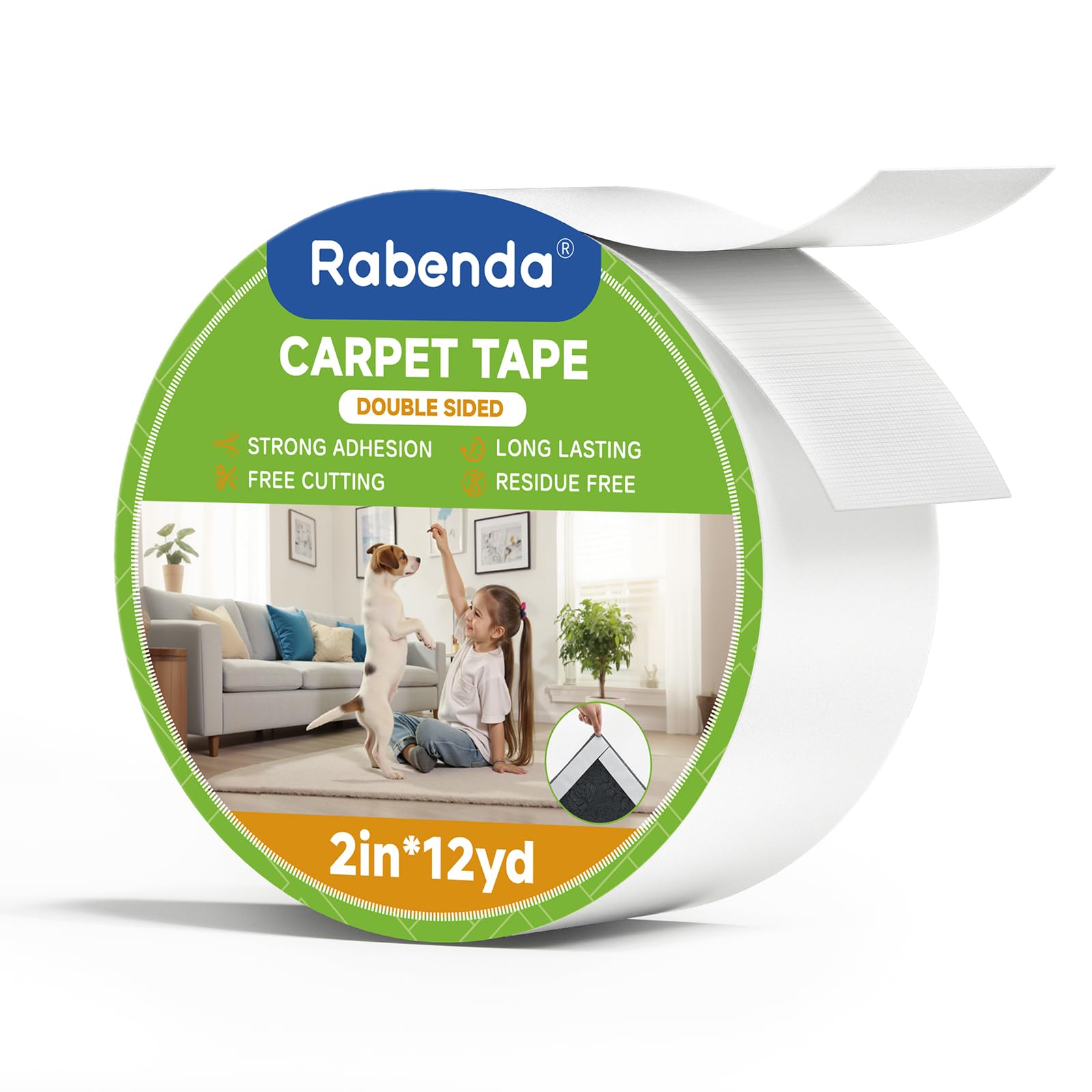 Rabenda Double Sided Carpet Tape - 2 Inch x 12 Yards Removable Rug Tape for Hardwood Floors Tile
