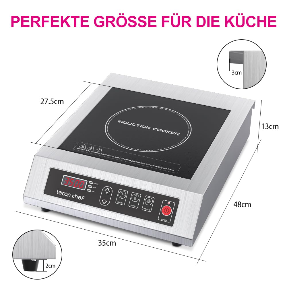 Induktionskochfled, 3500W Kochplatten, Edelstahlgehäuse | Timer und Voreinstellung, 10 Temperatur- und Leistungsstufeneinstellungen, 60KG Große Tragfähigkeit