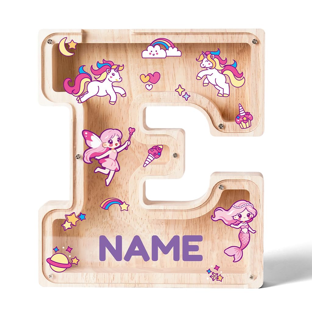 Personalized Wooden Letter Piggy Bank for Kids | Custom Name Alphabet Coin Bank A–Z | Money Saving Box for Boys and Girls | Birthday Gift for Children (E)