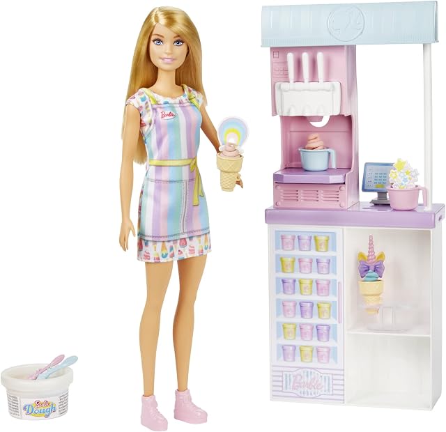 Barbie Ice Cream Shop Playset with 12 in Blonde Doll, Ice Cream Shop, Ice Cream Making Feature & Realistic Play Pieces, Black