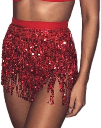 Women Sequin Tassel Tutu Skirt Rave Fringe Belly Dance Hip Scarf Wrap Skirt Club Mini Skirt