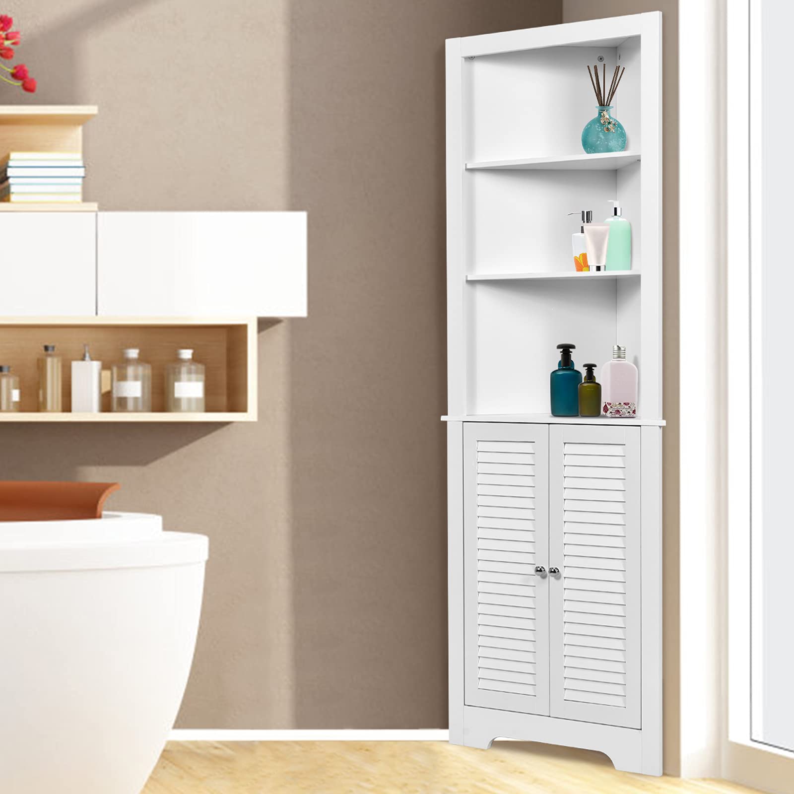 COSTWAY Armario Esquinero Alto de Baño, Mueble de Baño Triangular con 3 Estantes Abiertos y 2 Puertas, Organizador de Pie de Almacenaje para Dormitorio, Salon, 60 x 44,5 x 173 cm