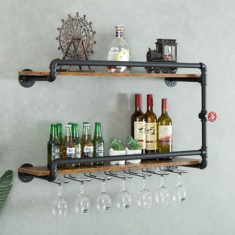 Wine Rack Wall Mounted 2 Tier Floating Shelves for Bar