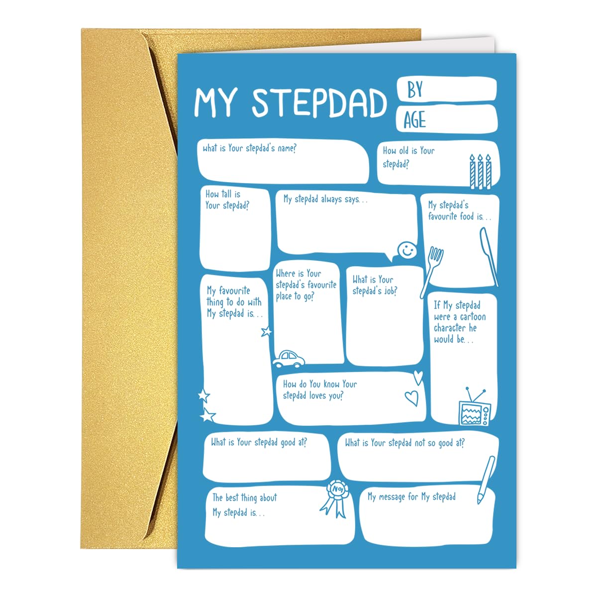 COLINHELIN Lovely DIY Interview Birthday Card for Stepdad Bonus Dad Husband Partner, Cute Stepdad Birthday Day Card from Kids Son Daughter Wife, Funny