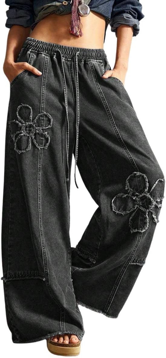 chouyatou Women's Boho Floral Wide Leg Jeans Y2k Distressed Fringe Baggy Jeans Denim Culotte Palazzo Pants Trousers
