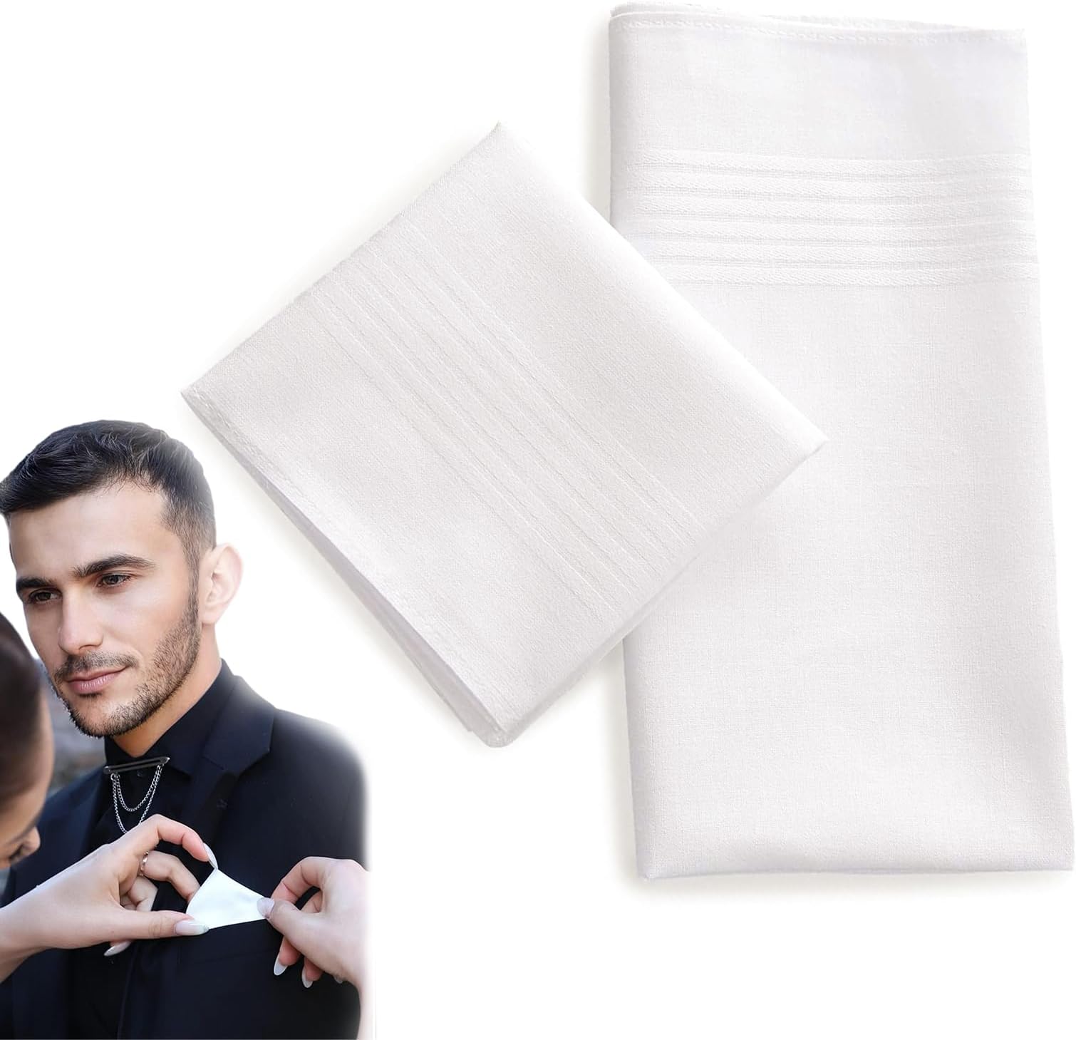 White Pocket Squares - 2 Pack Elegant Mens Handkerchiefs, Premium Cotton White Handkerchief for Men, Durable and Soft Pocket Hanks for Daily Use, Ideal for Gifting