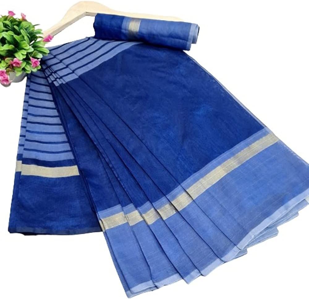 JULEEWomen's Cotton Silk Striped Saree (Rustam Blue_Free Size) Rustam Blue-FS