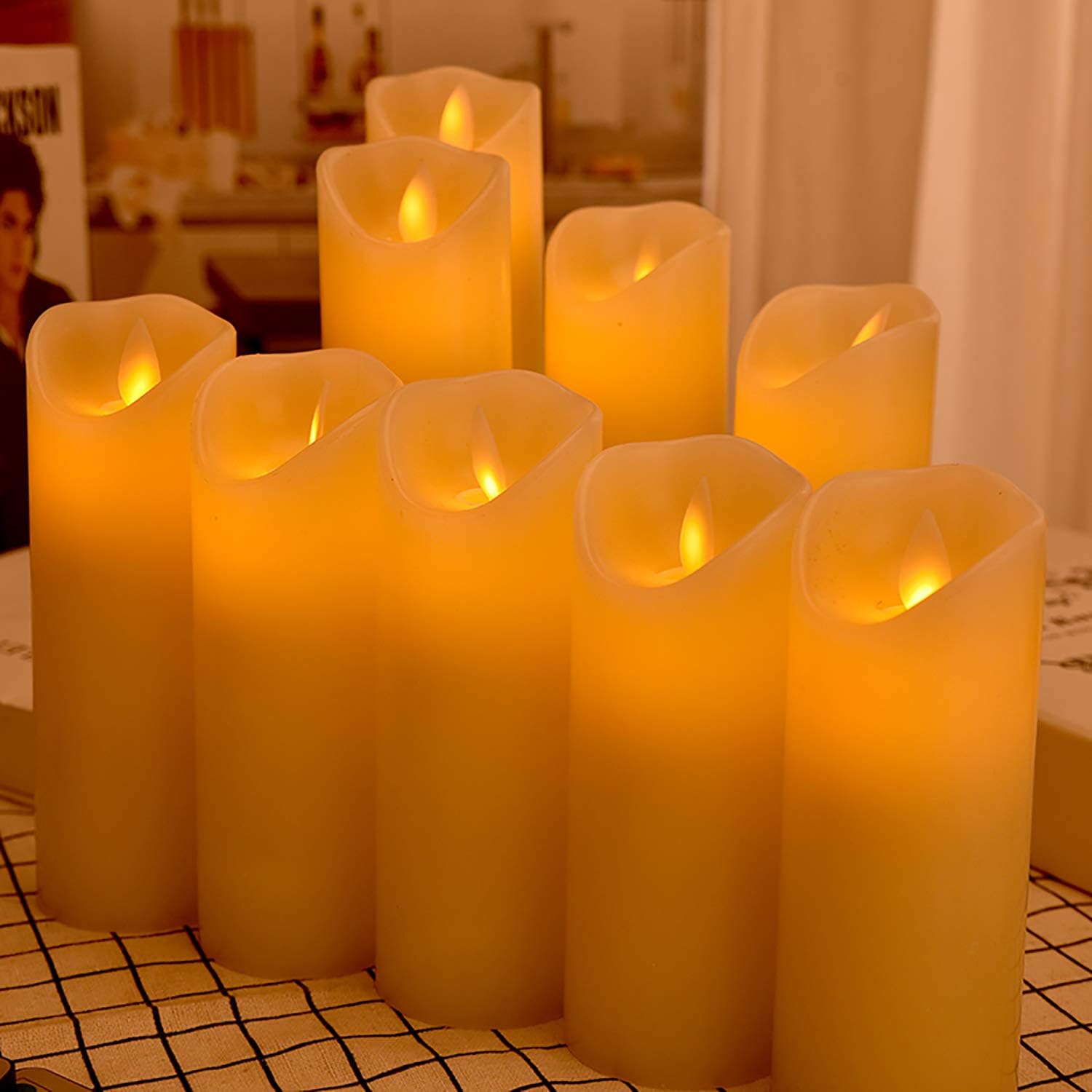 OSHINE Flameless Candles Set of 9 Ivory Dripless Real Wax Pillars Include Realistic Moving Wick LED Flames and 10-Key Remote Control with 24-Hour Timer Function 300+ Hours : Tools & Home Improvement