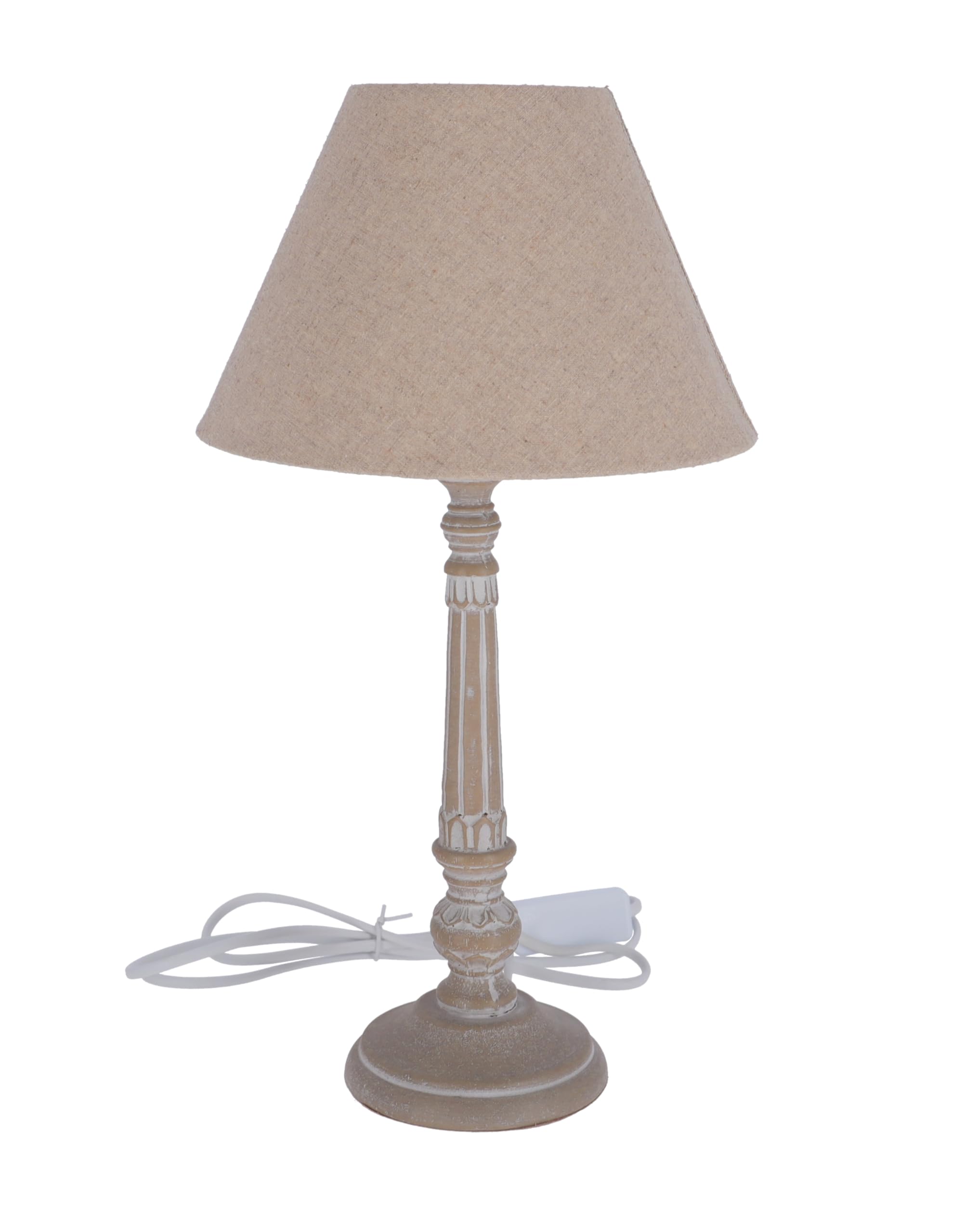 Lampada da Tavolo Stile Shabby Chic con Base Rotonda in Legno Diametro 11 cm e Paralume in Tessuto Beige Ø 22 cm – Elegante Lampada da Comodino o Salotto
