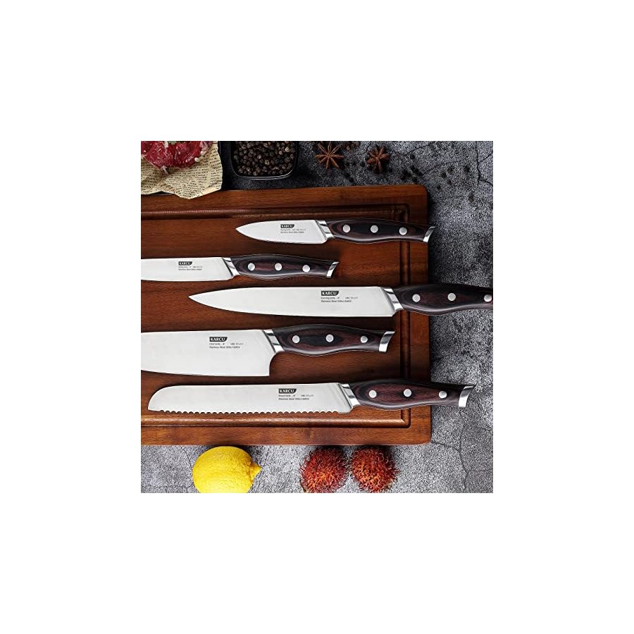 Chef Knife Set, Karcu 6-Piece Professional German Steel Kitchen Knife Block Sets, Brown