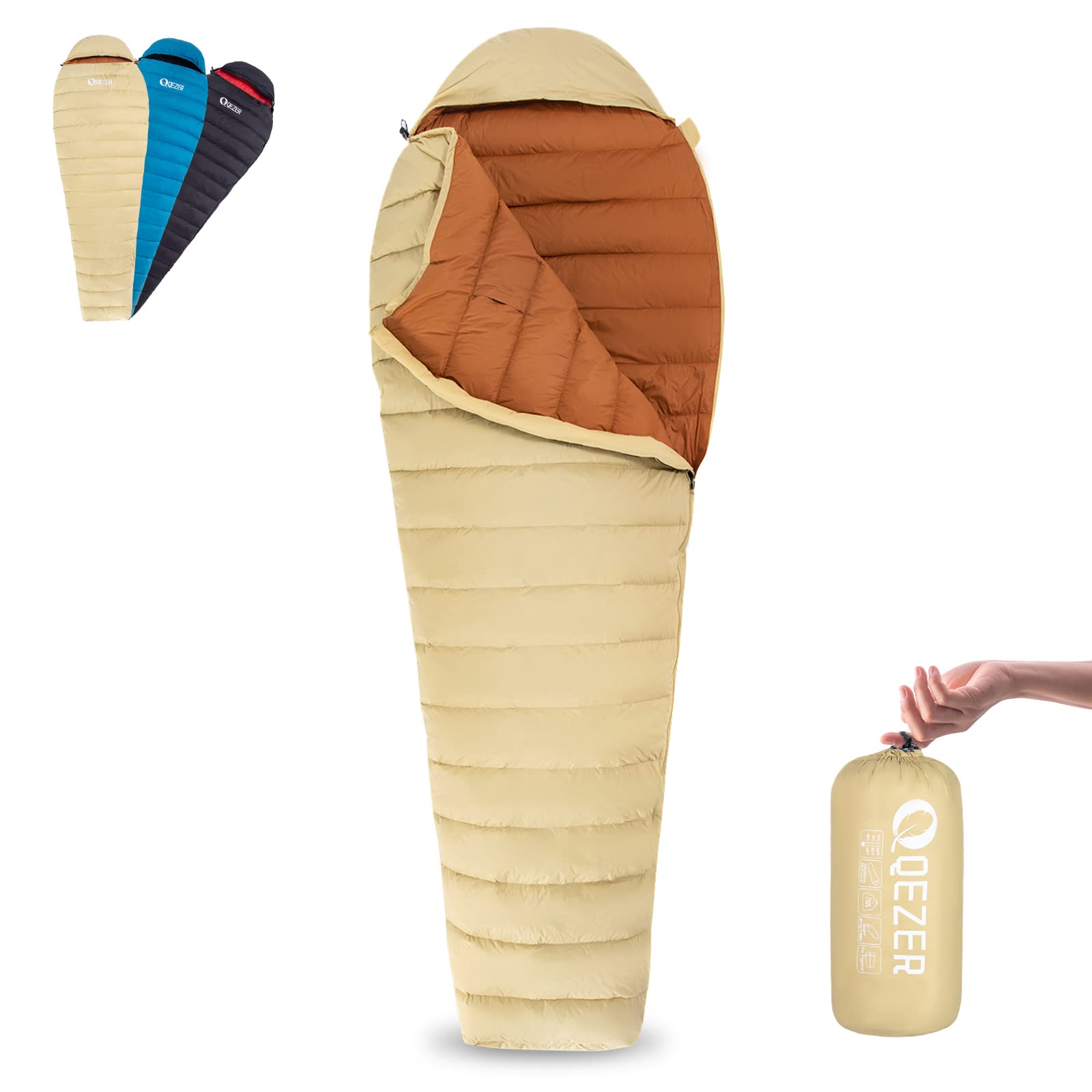 QEZER Sommer Schlafsack, nur 620g Ultraleicht Schlafsack Kleines Packma mit 600FP Daune fr Sommer Camping,Trekking und Wandern Outdoor