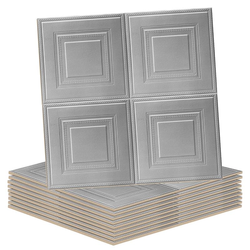 Self Adhesive 3D Wall Panels Peel and Stick 3mm Thick Wall Tiles 70 * 70cm Grey Grid Panels for Walls Waterproof Foam Faux Brick for Ceiling Tiles Kitchen Bathroom,10pcs