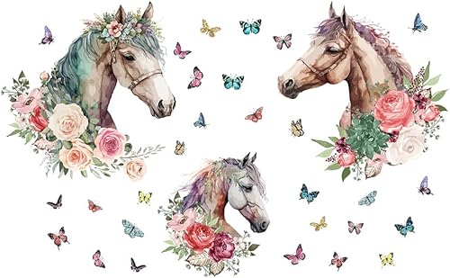 SUPERDANT Calcomanías de pared de caballos, calcomanías de animales de granja, calcomanías de acuarela, mariposa, flores, decoración de vinilo para