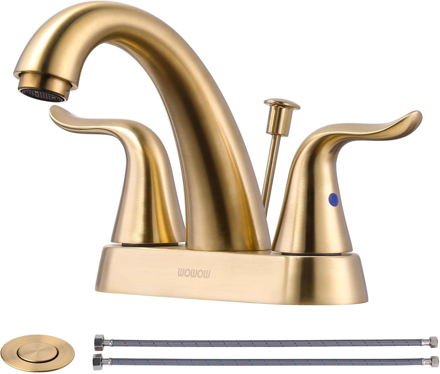 WOWOW 4 Inch Bathroom Sink Faucet - Brushed Gold Centerset Vanity Faucet with Lift Rod Drain Modern Mixer Tap for Rv Sink