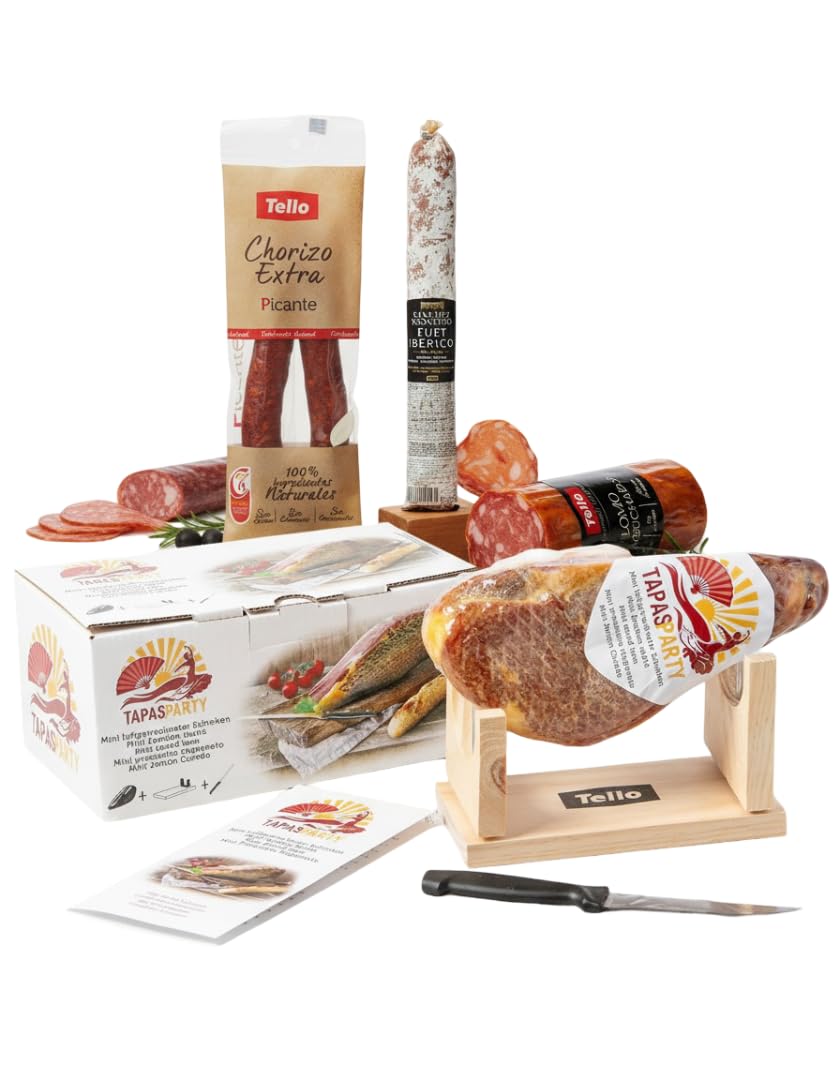 Spanisches Tapas Party Deluxe Set Mini Serrano Schinken 1kg Ständer Messer Chorizo Lomo Fuet Gourmet Geschenkkorb Feinkost
