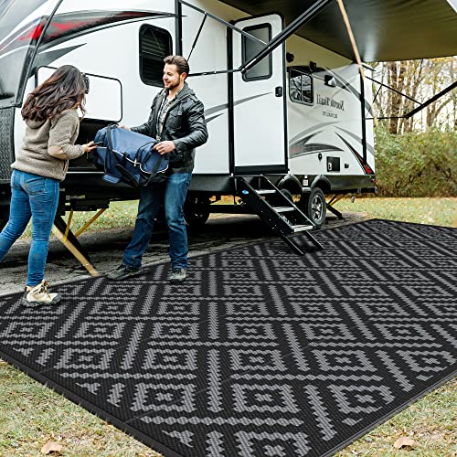 GENIMO Outdoor Rug Waterproof 10 x 20 Reversible Plastic Straw Rug Lightweight Large RV Camping Mat for Patio Deck Camper Balcony Backyard Picnic Black & Gray